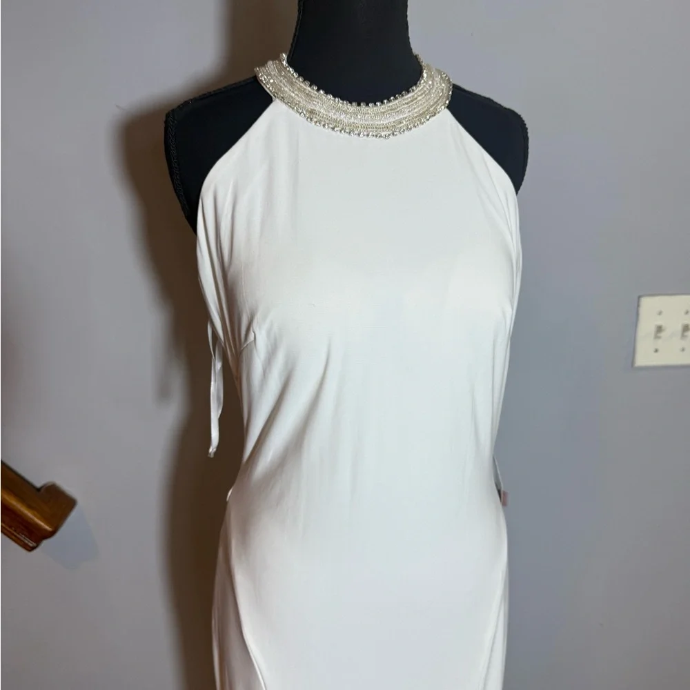 IEENA for Mac Duggal Zuri Beaded Halter White Jersey Gown size 6 - Picture 2 of 14